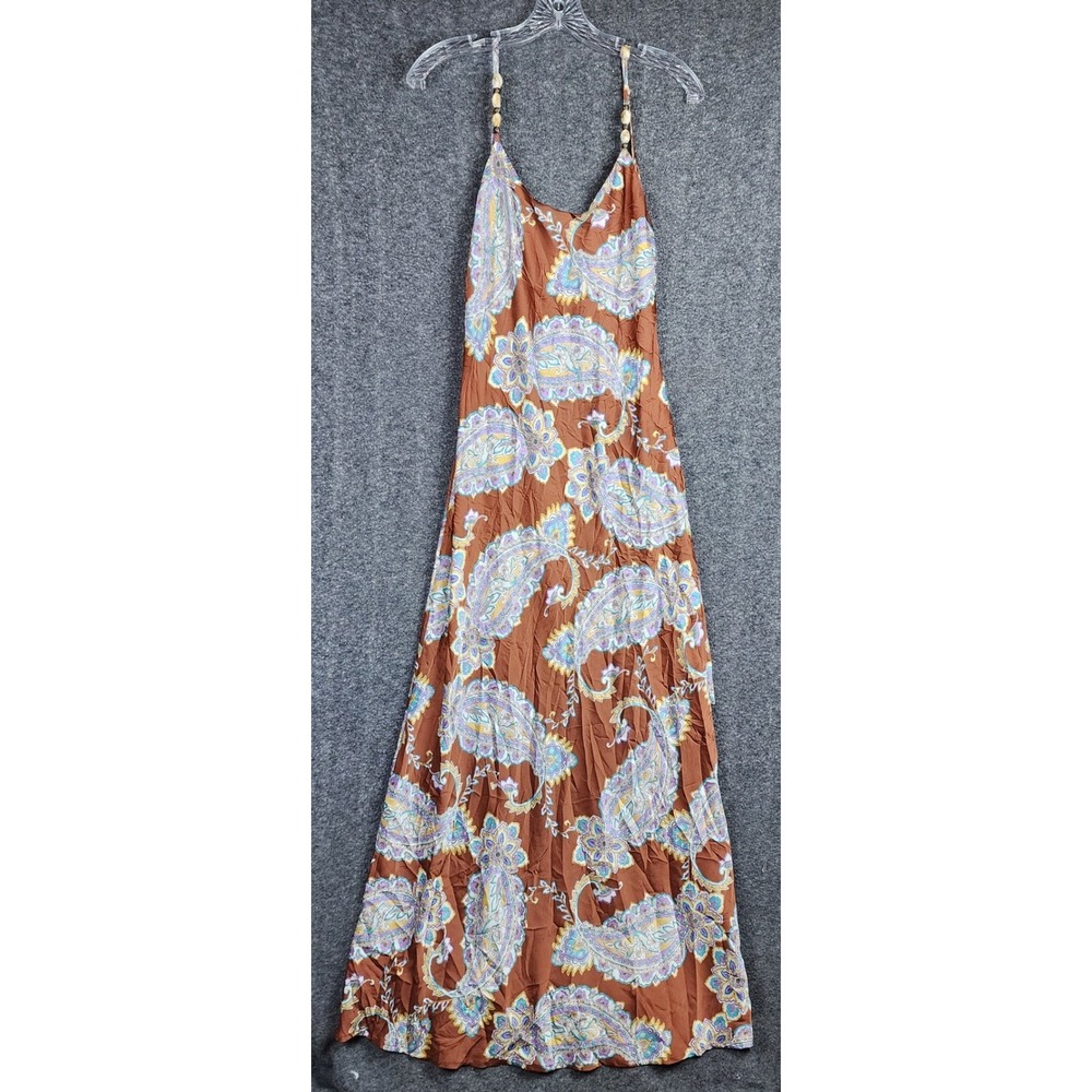 Illa Illa Maxi Dress Womens M D3129 Brown Paisley Beaded Strap Boho EUC